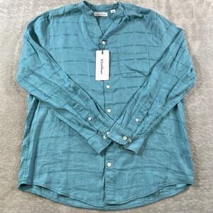 Caribbean Linen Shirt Mens Teal Blue Button Summer Beach Coastal Vacation Resort